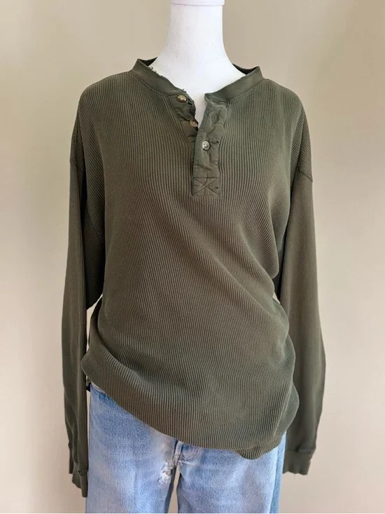 Vintage 90s grunge skater distressed henley button waffle knit shirt green L-XL - Picture 6 of 11